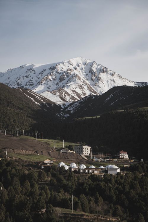 Snow-capped mountains and traditional yurts in a green valley in Kyrgyzstan