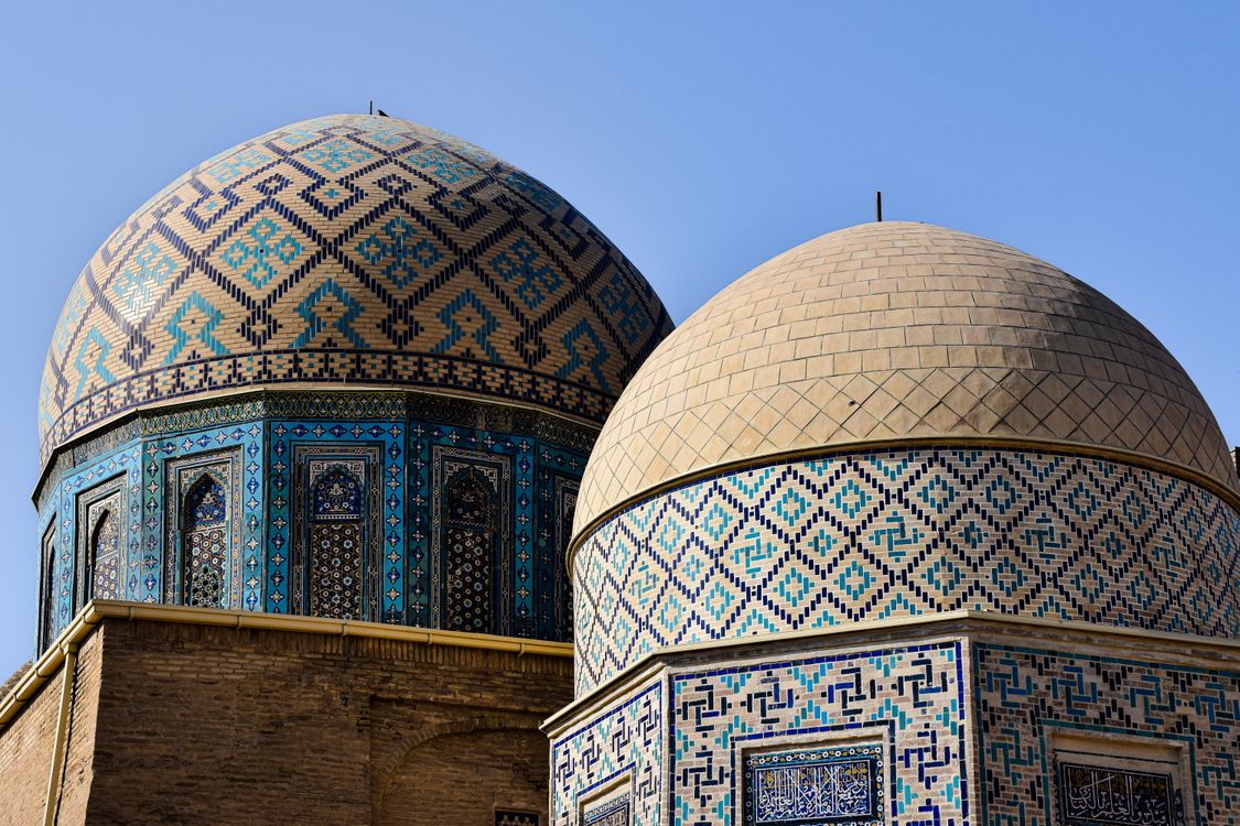 Blue-tiled domes of the Shah-i-Zinda necropolis in Samarkand, Uzbekistan