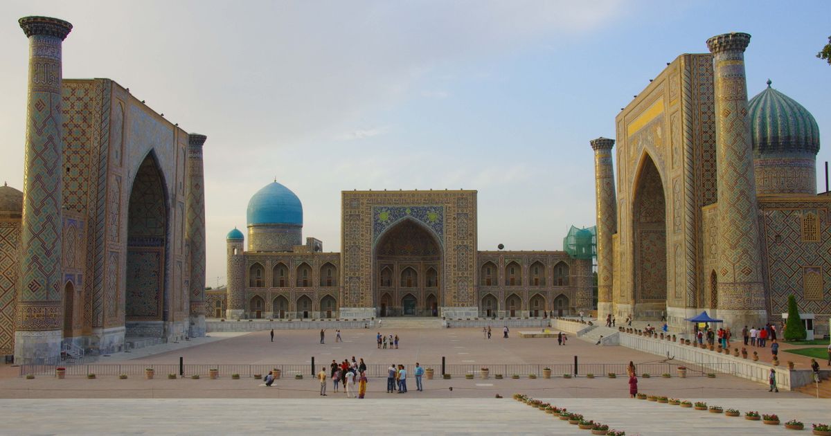 Registan Square madrasas with intricate blue tilework in Samarkand, Uzbekistan