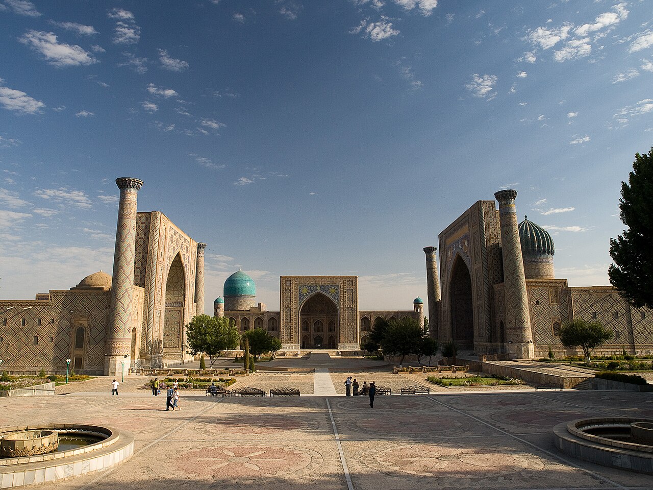 The Registan ensemble in Samarkand, Uzbekistan, with its blue-tiled Silk Road madrasas